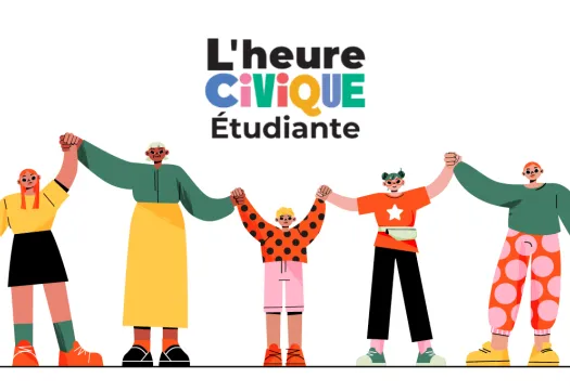 Illustration de plusieurs étudiants qui se tiennent la main sous le logo de l Heure Civique Étudiante